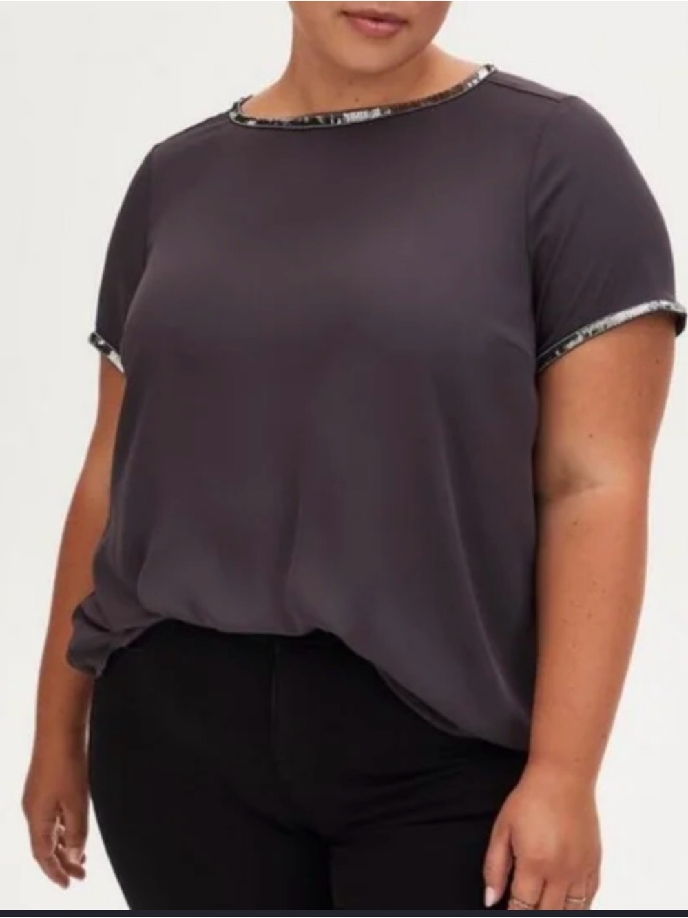 torrid Charcoal Short Sleeve Crewneck Top with Metallic Trim